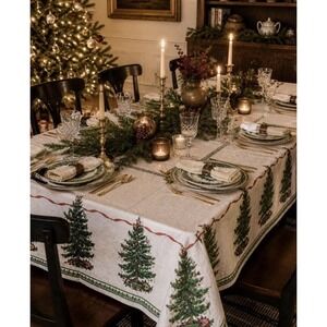 Avanti Spode Christmas Tree Rectangular Tablecloth 54"x116" Ivory Damask